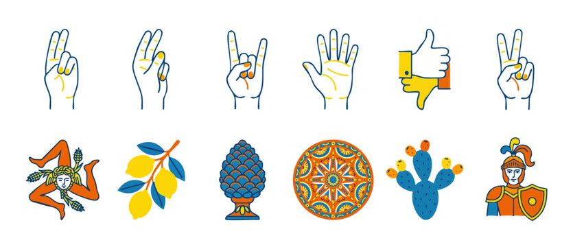 Sicilian Culture Icons Set with Hand Gestures and Traditional Mediterranean Symbols like Trinacria Lemon Pinecone and Pupi Armor for Italian Travel Design Elements and Vibrant Flat Vector Illustration