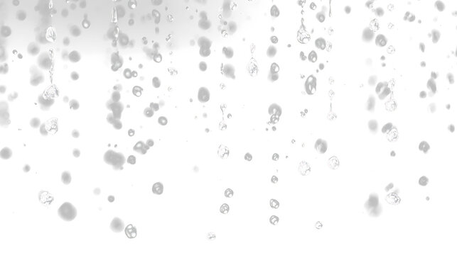 Drops of water fall from above, creating a splash effect against a transparent background at different angles and lighting