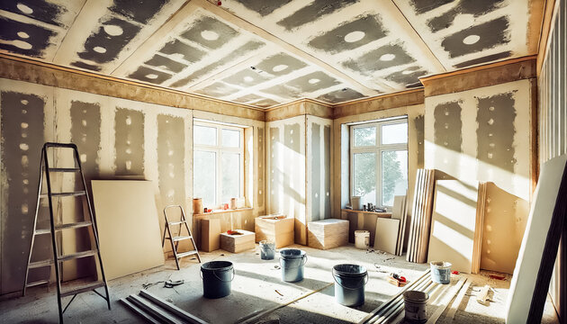 Unfinished Construction Room with Drywall and Materials in Progress