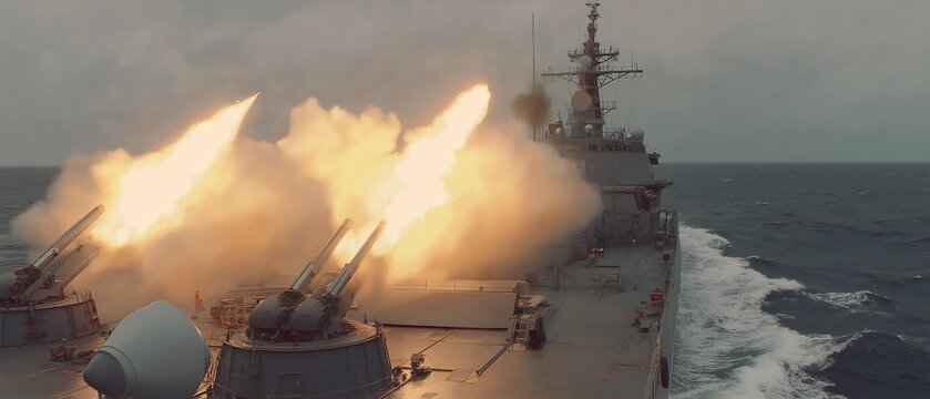 At sea, a naval destroyer launches several missiles from its deck launchers. moving the camera by tilting and panning.