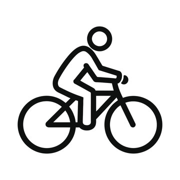 Simple line icon of a person riding a bicycle isolated on white background