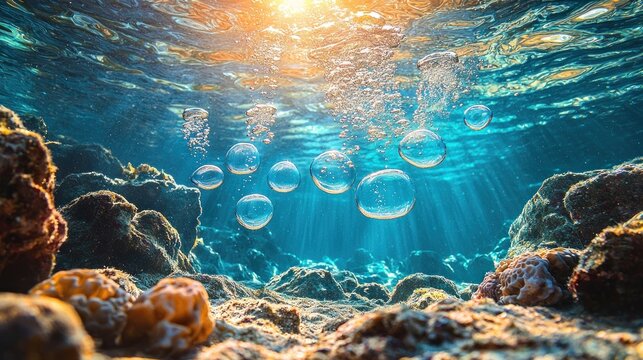 Underwater Sunlight: Bubbles Ascending Over Coral Reef with Sun Rays