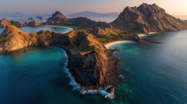 Komodo Island's Rugged Coastline: Aerial View of Turquoise Waters and Golden Hills