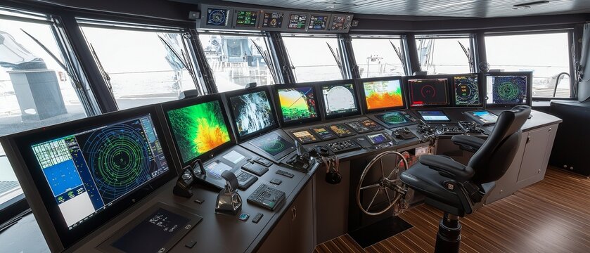 A contemporary ship bridge exhibiting maritime navigation and a ship control simulation system with multiple-monitor 