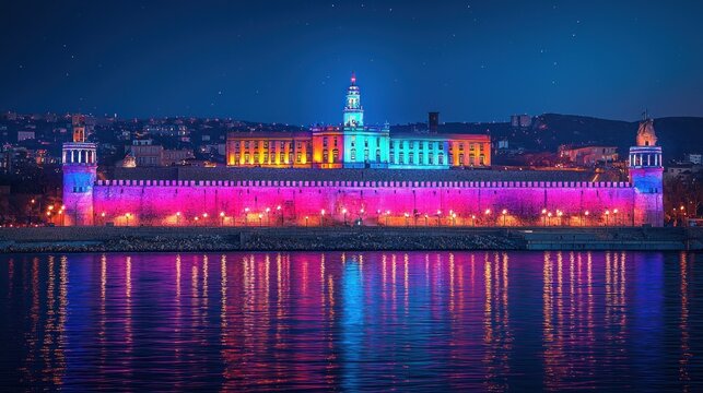 Kazan Kremlin at Night - Illuminated Walls Reflecting in the Volga River.