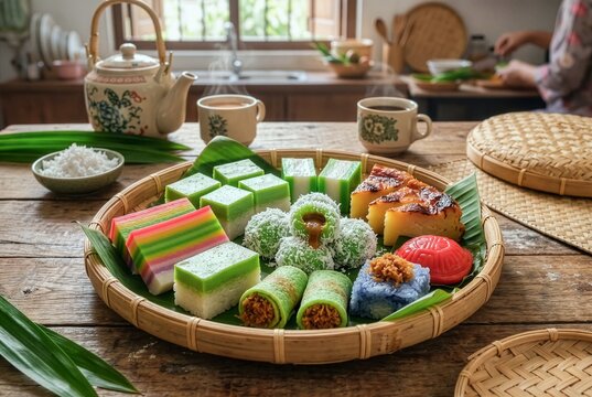 Assorted Malaysian kuih desserts including kuih lapis, ang ku kueh and pandan sweets, colorful traditional snack set