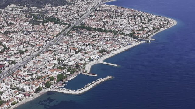 Aerial Drone View of Altinoluk Coast in Balikesir, Aegean Sea and Kaz Mountains Landscape Turkey