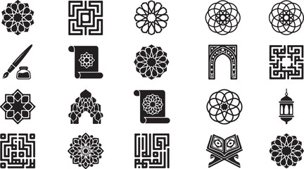 Islamic Geometric Pattern Silhouette Vector Icon Set with Arabic Calligraphy Ornament Design Symbols © RobiulIslam