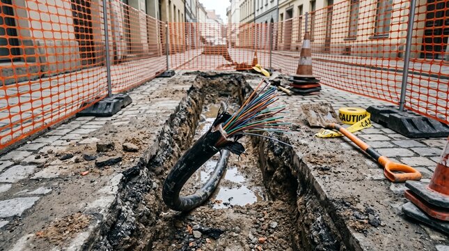 Severed Fiber Optic Cable Exposed Frayed City Pavement Trench Hybrid Attack Aftermath Documentary