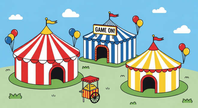 Colorful circus tents and a game booth with balloons representing a fun fair or carnival event perfect for event promotion or childrens illustrations