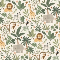 Light jungle pattern with safari animals and soft botanical elements on neutral background. © Javeria