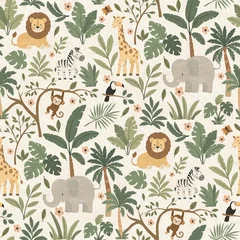 Light jungle pattern with safari animals and soft botanical elements on neutral background. © Javeria