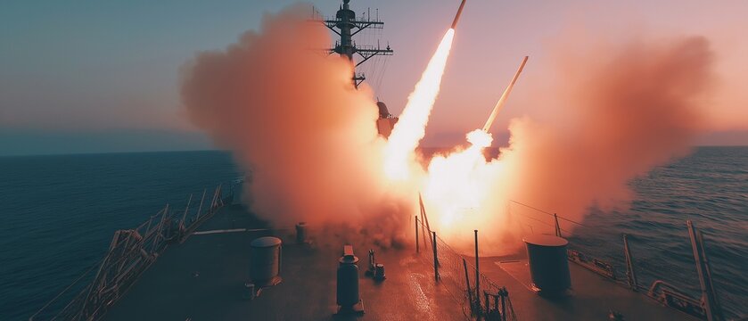 At sea, a naval destroyer launches several missiles from its deck launchers. moving the camera by tilting and panning.