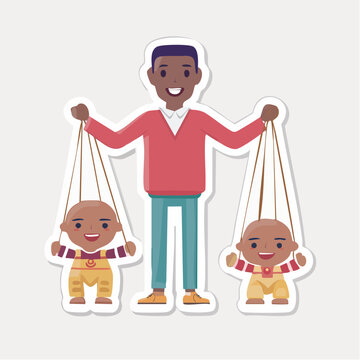 Father controlling baby puppets