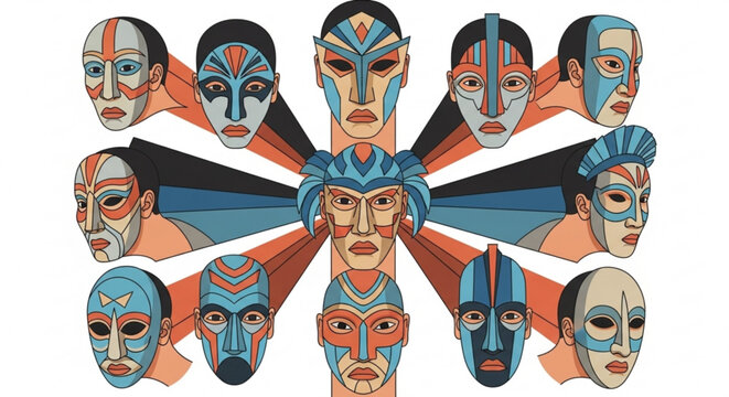 Collection of diverse tribal masks and faces arranged in a radial pattern representing cultural identity and diversity perfect for ethnic or global themes