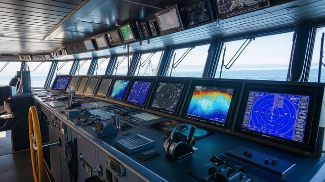 A contemporary ship bridge exhibiting maritime navigation and a ship control simulation system with multiple-monitor 