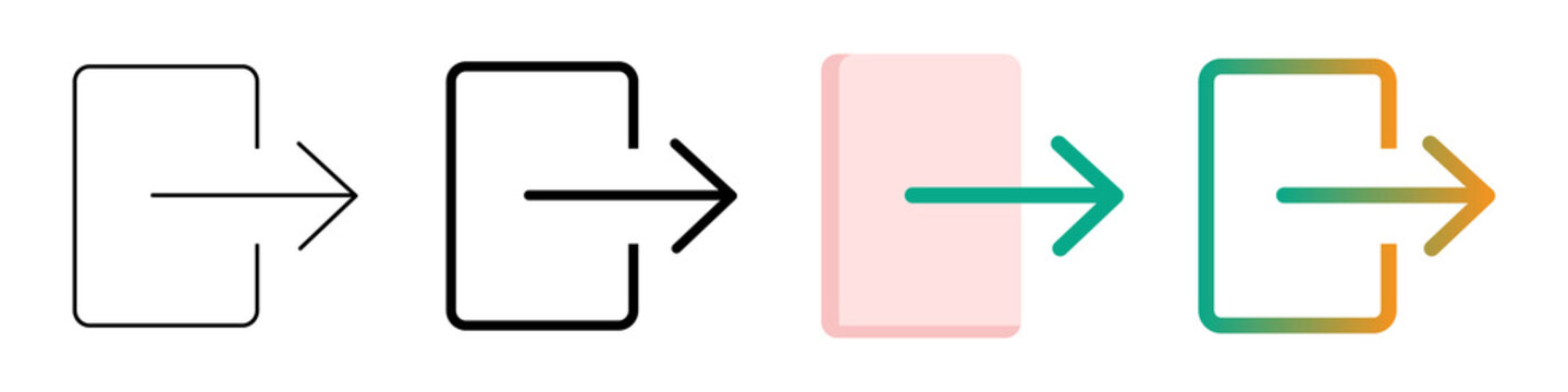 Exit and logout icons collection with arrow pointing out of rectangle frame in multiple color ways on transparent background png.