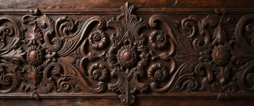 Ornate vintage wood carving with rich texture
