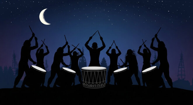 Silhouette of a drum circle performing under a crescent moon at night representing rhythm and unity ideal for cultural events and music promotion