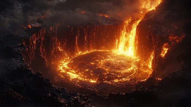 Fiery Inferno - Molten Lava Flowing into a Volcanic Crater.