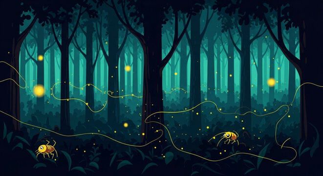 Magical forest at night with glowing fireflies and ethereal light trails enchanting nature scene for fantasy or childrens book illustrations
