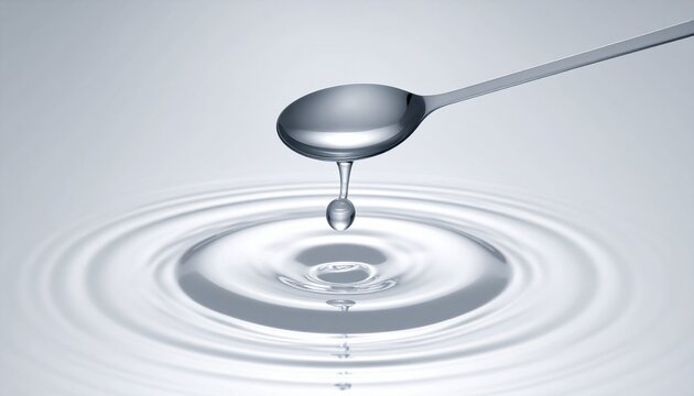 Clear water drop falling from a metallic spoon into calm water, creating perfect concentric ripples on a pristine surface.