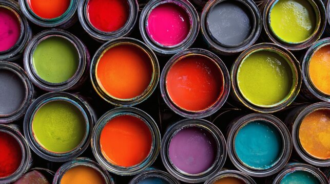 Vibrant Colors in Paint Cans Displayed in Artistic Arrangement