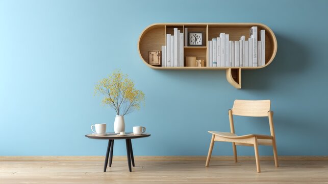 Modern Living Room with Stylish Bookshelf and Cozy Decor Elements