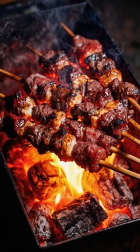 Meat cubes cook on wooden skewers over glowing charcoal embers. Flames rise from the grill, cooking beef and fat. Smoke curls upwards from the hot barbecue food. Delicious outdoor meal.