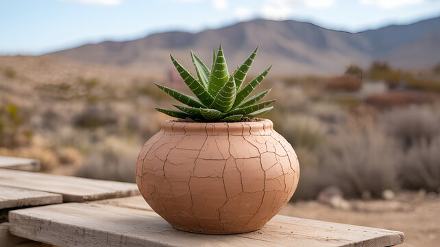 Succulent plant in clay pot placed on desert landscape representing minimal home decor drought resistant plant natural environment and modern aesthetic lifestyle concept