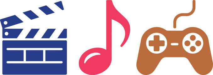Movie clapperboard music note and gamepad icons set for multimedia and entertainment flat 2d art © Bakalia