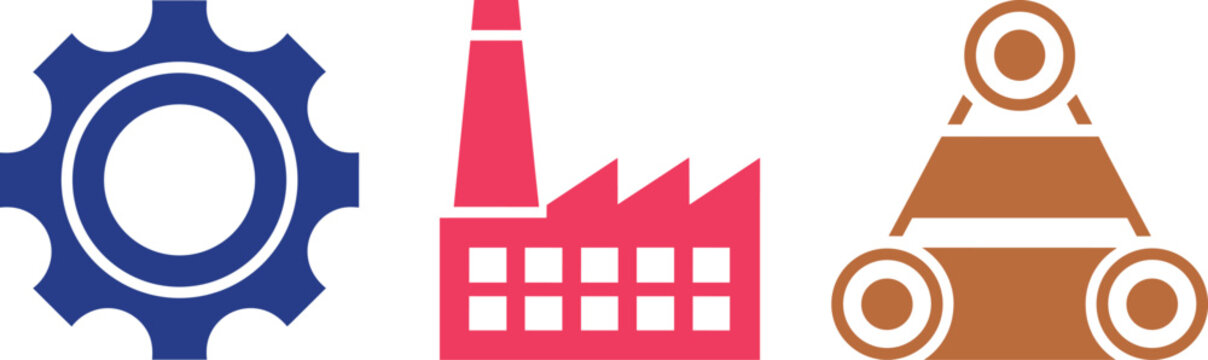 Industrial icons set featuring a gear factory and conveyor belt in flat design with automation