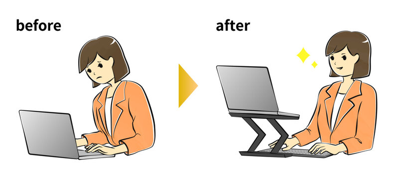 ノートパソコンスタンドを使用して姿勢を改善するビジネスウーマンの比較イラスト
