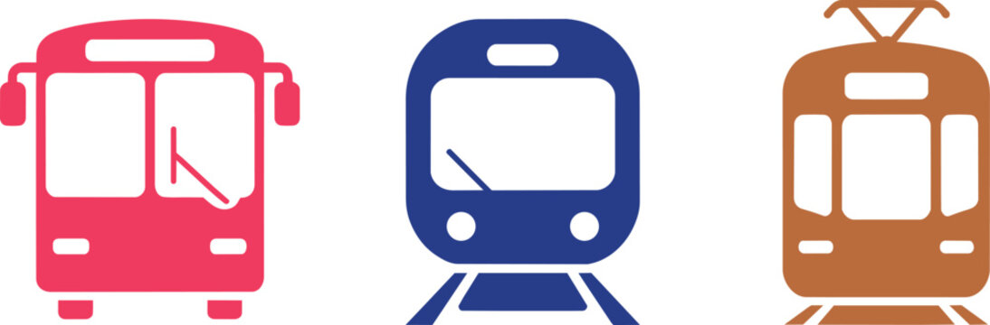 Public transport icons set representing bus train and tram in flat colorful vector illustration