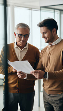 Retiring founder and young successor sharing a moment of quiet mutual satisfaction while jointly reviewing a finalized business handover agreement.