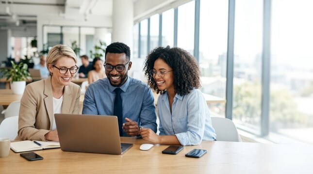 Business people in the office while working on a company project. Diverse business team laughing and looking at laptop screen, successful teamwork collaboration concept, copy space