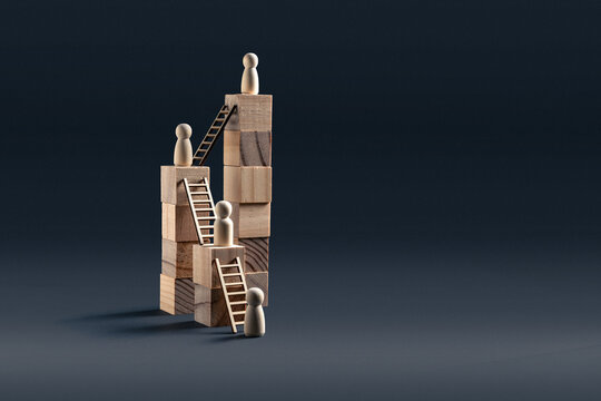 Career Competition and Leadership Hierarchy Concept with Wooden Figures Climbing Block Ladders
