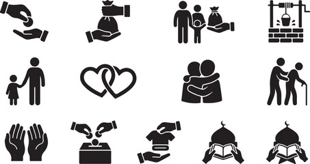 Obraz premium Charity Donation Silhouette Vector Icon Set with Zakat Islamic Help Support Giving Symbols