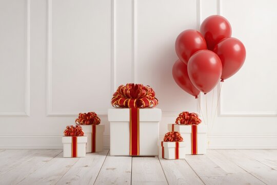 Festive Gift Boxes with Red Balloons for Celebration and Party Decor