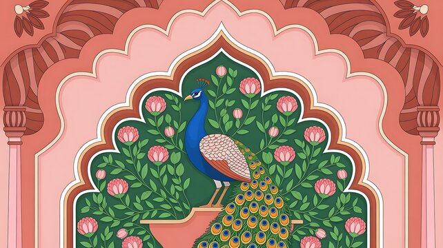 Illustration of a mughal garden with peacocks, parrots, plants, and trees, featuring a botanical landscape pattern. Mughal Garden. Illustration