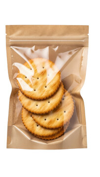 Stack of crackers in packaging bag isolated on transparent background