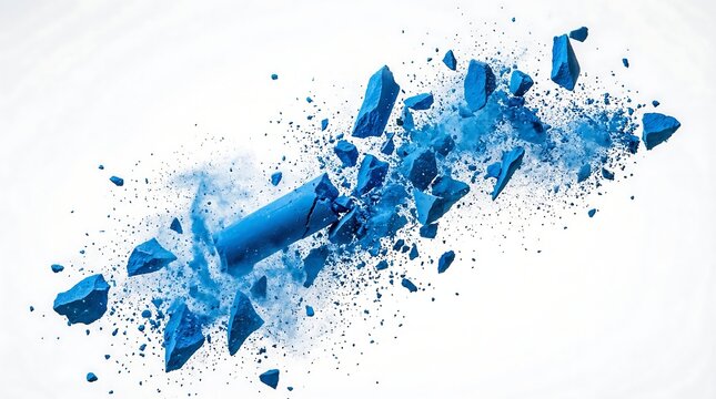 blue shattered glass burst through white background abstract.