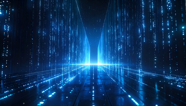 Abstract Blue Digital Matrix Tunnel with Glowing Light Effect.