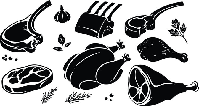 Black and White Meat Cuts Vector Illustration, Butcher Food Collection Silhouette Set.