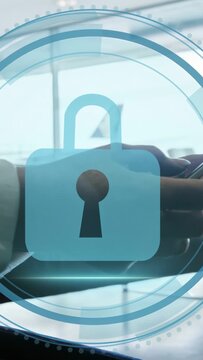 Vertical video: Cyber Security fading in HUD showing padlock as suit arm using phone securing data