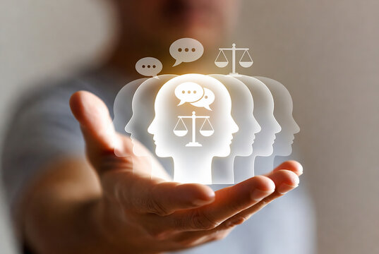 It depicts a concept of justice and legal reasoning, with multiple heads layered over each other within a hand, symbolizing the complexities of judgment.