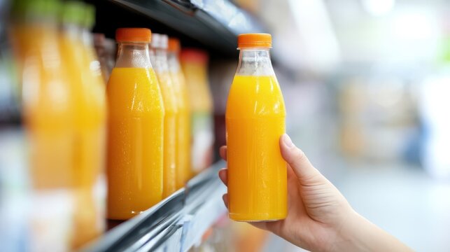 Hand choosing orange juice bottle from supermarket shelf with fresh beverage selection display