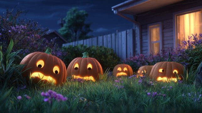 Halloween pumpkins playing hide and seek in a yard at night