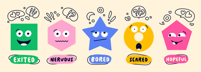 Fototapeta premium Geometric figure face emotions. Playful geometric shapes. Square, hexagon, star, circle, pentagon, showing excited, nervous, bored, scared, and hopeful expressions with fun speech bubbles.