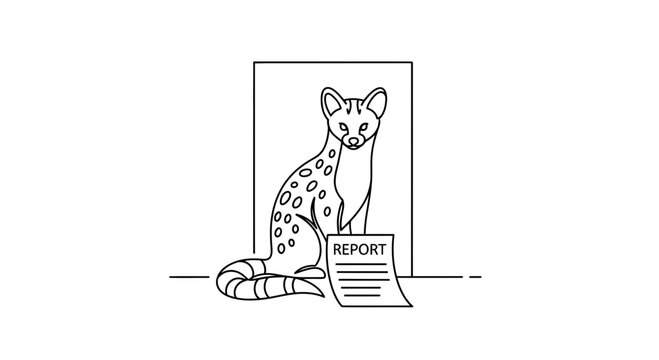 Spotted Genet Cat Sitting Next to Report Document, Line Art Illustration
